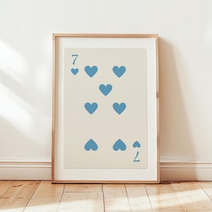 Impressão de carta de baralho azul sete de copas, arte de parede número da sorte 7, impressão azul e branca, pôster de carta de baralho, arte de parede de carta de baralho da moda