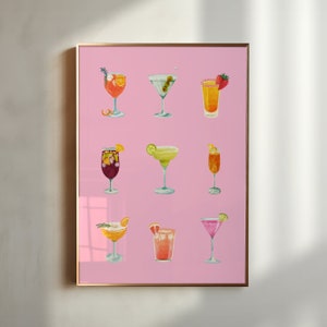 Cartel de cócteles, arte de pared con alcohol, decoración de carrito de bar, arte de pared de cócteles, arte de bebidas mixtas, arte de pared de licores, decoración de alcohol, arte de cocina rosa