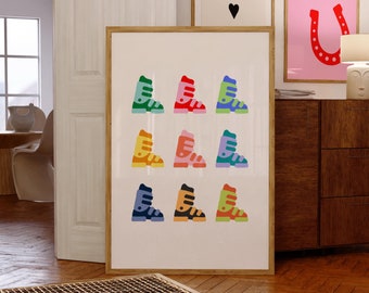 Póster de esquí colorido, arte mural con botas de esquí, impresión de esquí de invierno, arte mural de snowboarder, decoración de pared maximalista, descarga digital, decoración de esquí retro