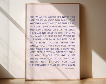 For What It's Worth, F Scott Fitzgerald, Printable Wall Art, Digital Download, Quote Print, Wall Art Quotes, Digital Prints, Wall Art