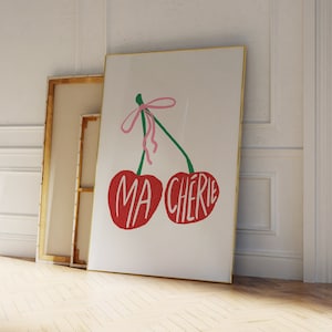 Ma Cherie Print, Cherry Wall Art, French Phrase Art Print, Ma Cherie Poster, Digital Download, Vintage Bow Poster, Hand Drawn Cherry Print