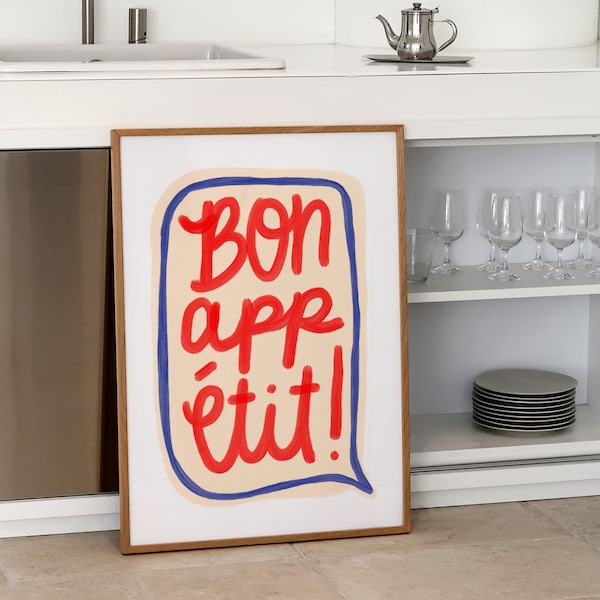 Bon Appetit Print, French Phrase Art Print, Kitchen Digital Download, French Wall Art, French Kitchen Decor, Typography Print, Blue and Red