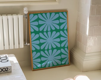 Estampado floral azul y verde, flores originales, arte de pared floral verde, estampado floral de los años 70, decoración de flores onduladas, moderno de mediados de siglo, cartel retro