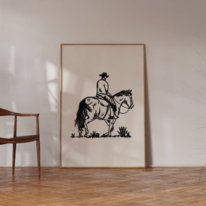 Cowboy Wandkunst, Einfacher Western-Druck, Cowboy-Druck in Schwarz und Beige, Minimalistische Wandkunst, Western-Dekor, Vintage Cowboy-Druck, Retro Poster