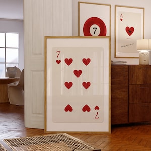 Seven of Hearts speelkaartprint, geluksgetal 7 muurkunst, Seven Print, speelkaartposter, vintage speelkaartkunst aan de muur, trendy artwork