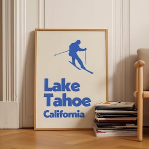 Lake Tahoe Ski Wall Art, Retro Lake Tahoe Print, Retro Ski Poster, Skiing Wall Art, Vintage Blue Wall Decor, Lake Tahoe Winter Wall Art