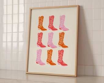 Arte de la pared occidental, cartel de botas de vaquero, arte de la pared de Boho, occidental de Boho, impresión de vaquero rosa, impresión rosa y naranja, arte de la pared de la galería, impresión de Boho