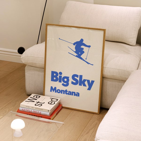 Big Sky Montana Wall Art, Montana Print, Retro Ski Poster, Skiing Wall Art, Vintage Blue Wall Decor, Blue Digital Download, Indigo Blue Art