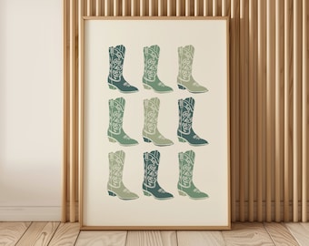 Impresión occidental verde salvia, cartel de botas de vaquero, arte de pared boho verde, boho occidental, descarga digital, arte de pared de la galería verde bosque, arte verde