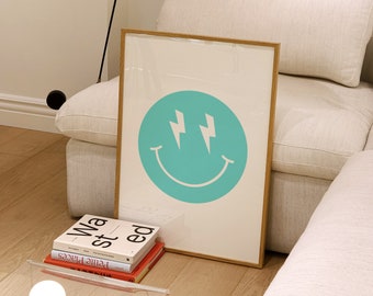 Aqua Smiley Face Print, Teal Wall Art, Aqua Wall Decor, Lightning Bolt Smiley Face, Lightning Bolt Wall Art, Retro Smiley Face, Smiley Art