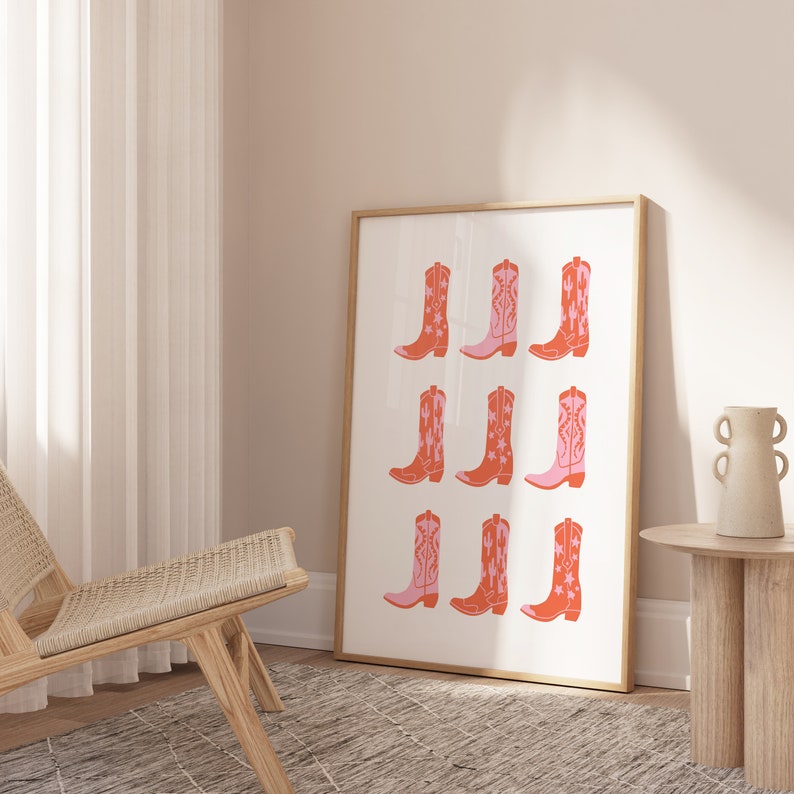 Cartel occidental rosa, impresión de botas vaqueras, arte de pared boho, occidental boho, impresión de vaquero rosa, impresión rosa y naranja, arte de pared de la galería, decoración boho imagen 5
