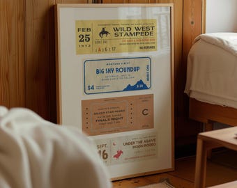 May include: A framed print of vintage rodeo tickets with dates, prices, and event names. The tickets are in various colors, including blue, red, and yellow, with black text. The tickets are for events such as "Wild West Stampede", "Big Sky Roundup", "Silver Star Rodeo", and "Under the Agave Moon Rodeo".