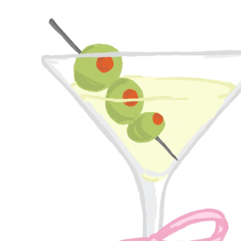 May include: A watercolour illustration of a martini cocktail in a triangular glass. The drink is pale yellow, garnished with three green olives with red centres on a black skewer. A pink ribbon is at the base.
