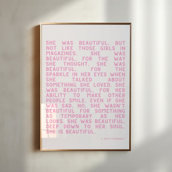 She Was Beautiful Print, F Scott Fitzgerald, Printable Wall Art, Digital Download, Quote Print, Digital Prints, Wall Art, Printable Quotes