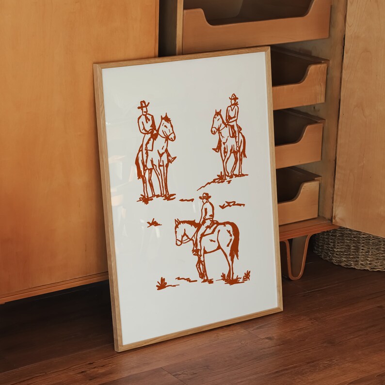 Rostcowboytryck, enkel western, digital nedladdning, bränt orange konst, cowboyväggkonst, minimalistisk väggkonst, westerndekor, vintagecowboy bild 5