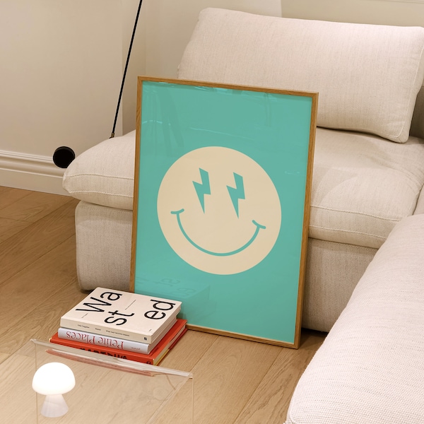 Smiley Face Poster, Aqua Wall Art, Retro Print, Lightning Bolt Print, Dorm Wall Art, Blue Smiley, 90s Art, Teal Poster, Turquoise Wall Art