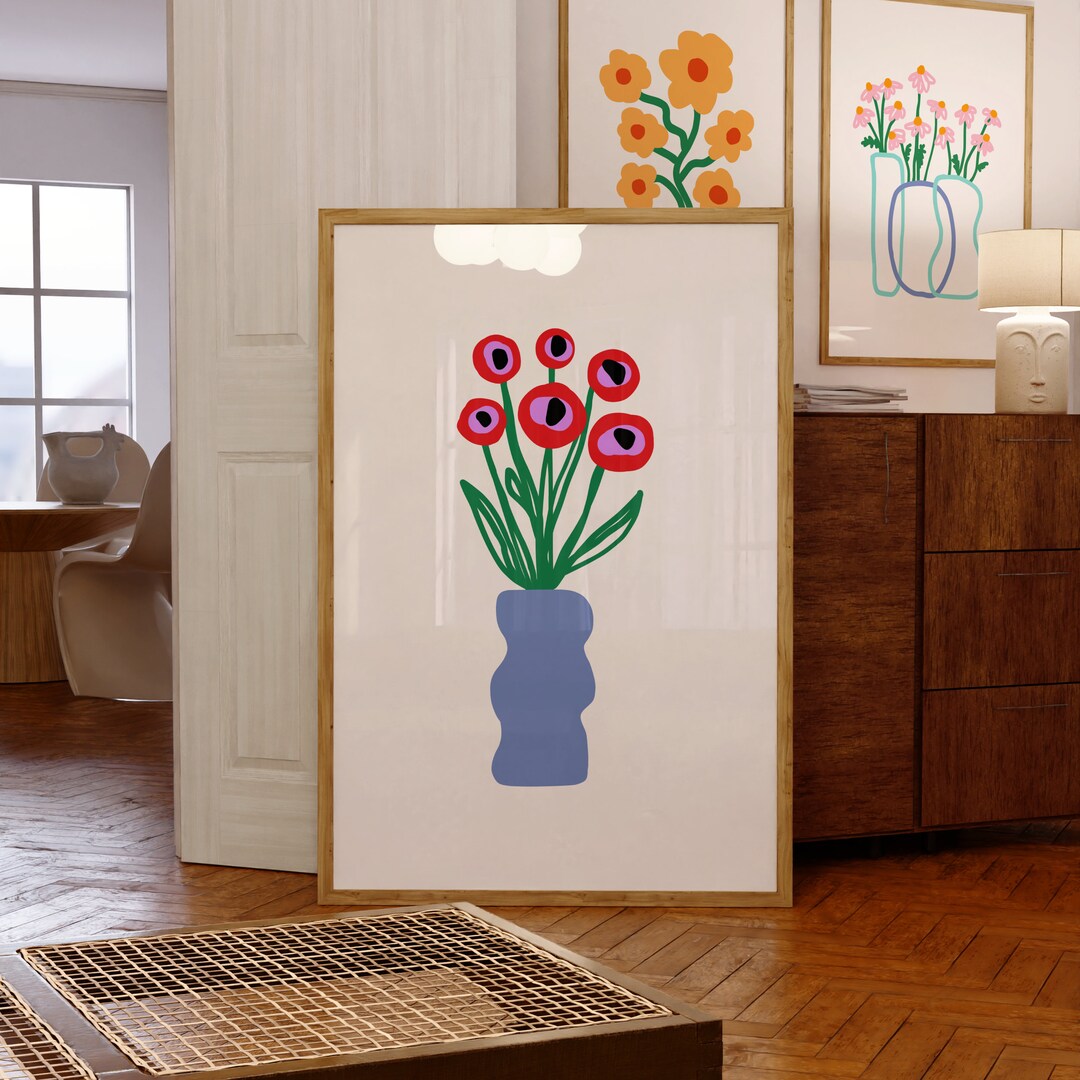 Flower Vase Poster, Retro Flower Print, Red Floral Print, Bouquet of