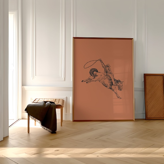 Rust Cowboy Wall Art, Simple Western Art Print, Retro Cowboy Print, Minimalist Wall Art, Burnt Orange Western Decor, Vintage Cowboy Print