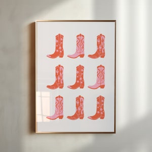 Cartel occidental rosa, impresión de botas vaqueras, arte de pared boho, occidental boho, impresión de vaquero rosa, impresión rosa y naranja, arte de pared de la galería, decoración boho imagen 1