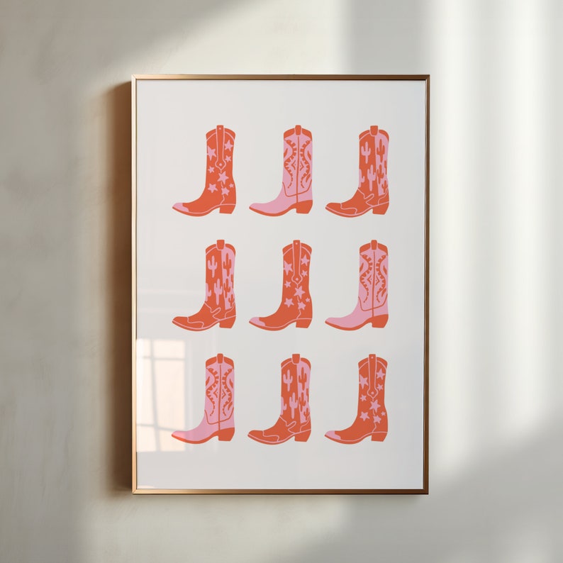 Cartel occidental rosa, impresión de botas vaqueras, arte de pared boho, occidental boho, impresión de vaquero rosa, impresión rosa y naranja, arte de pared de la galería, decoración boho imagen 1