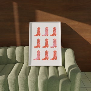 Cartel occidental rosa, impresión de botas vaqueras, arte de pared boho, occidental boho, impresión de vaquero rosa, impresión rosa y naranja, arte de pared de la galería, decoración boho imagen 3