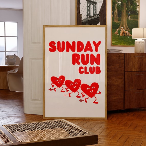 Sunday Run Club, Running Wall Art, Marathon Poster, Runner Print, Track Poster, Retro Cartoon, 90s Running Art, Runner Gift, Gym Room Decor