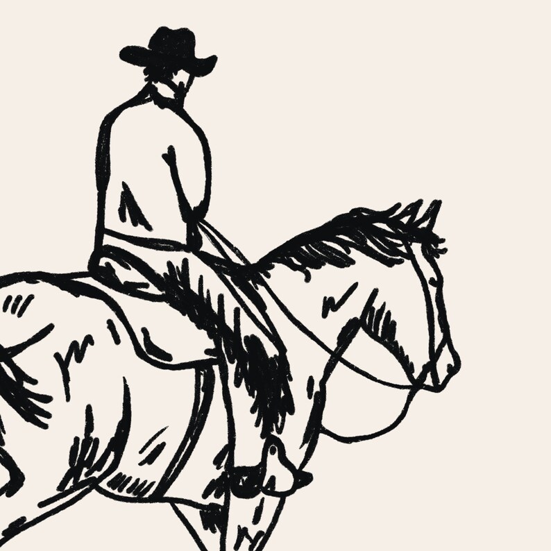 Op de afbeelding: Een zwart-witte lijntekening van een cowboy die op een paard rijdt. De cowboy draagt een hoed en een lange jas. Het paard rent en heeft een lange manen.
