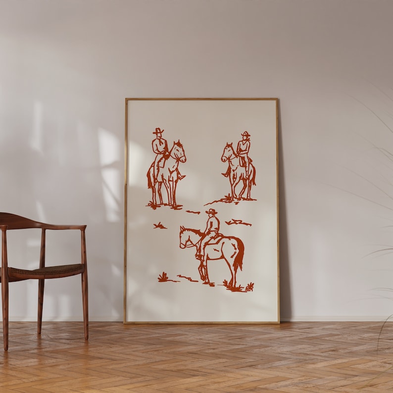 Rostcowboytryck, enkel western, digital nedladdning, bränt orange konst, cowboyväggkonst, minimalistisk väggkonst, westerndekor, vintagecowboy bild 2