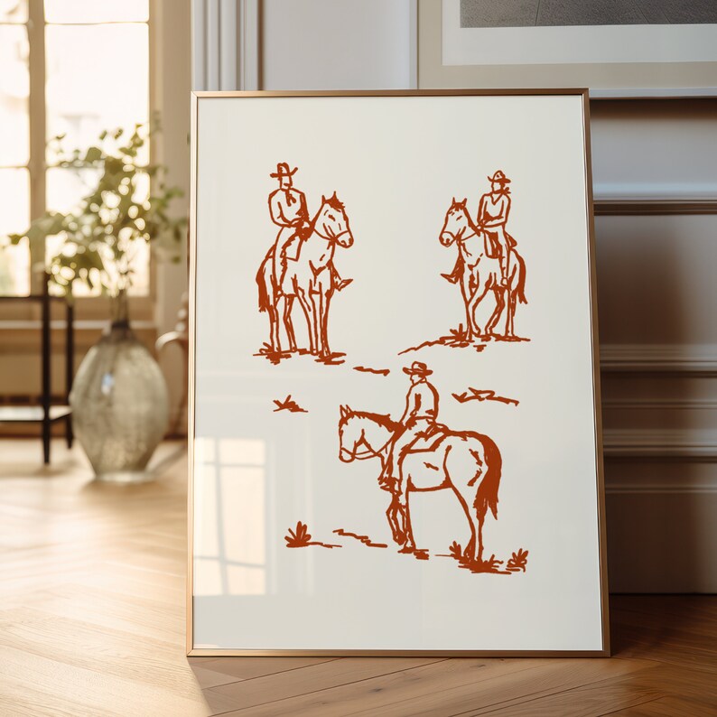 Rostcowboytryck, enkel western, digital nedladdning, bränt orange konst, cowboyväggkonst, minimalistisk väggkonst, westerndekor, vintagecowboy bild 3