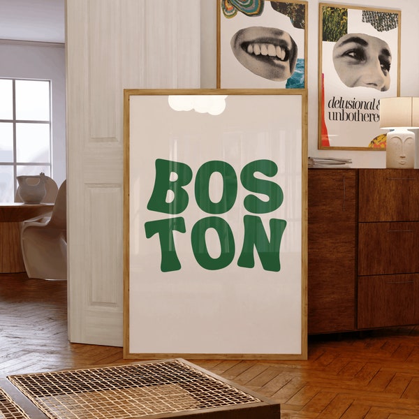 Boston Poster, Green Boston Wall Art, Boston Massachusetts, New England Wall Art, East Coast Digital Print, Boston Print, Green and White