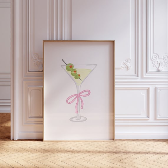 Martini Bow Print, Coquette Decor, Hand Drawn Print, Martini Poster, Retro Cocktail Print, Cheers Print, Digital Download, Bar Cart Decor
