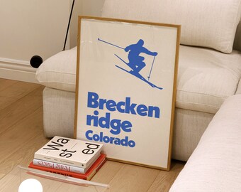 Breckenridge Wall Art, Colorado Print, Retro Ski Poster, Skiing Wall Art, Vintage Blue Wall Decor, Blue Digital Download, Indigo Blue Art