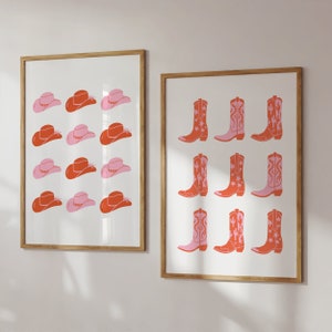 Cartel occidental rosa, impresión de botas vaqueras, arte de pared boho, occidental boho, impresión de vaquero rosa, impresión rosa y naranja, arte de pared de la galería, decoración boho imagen 2