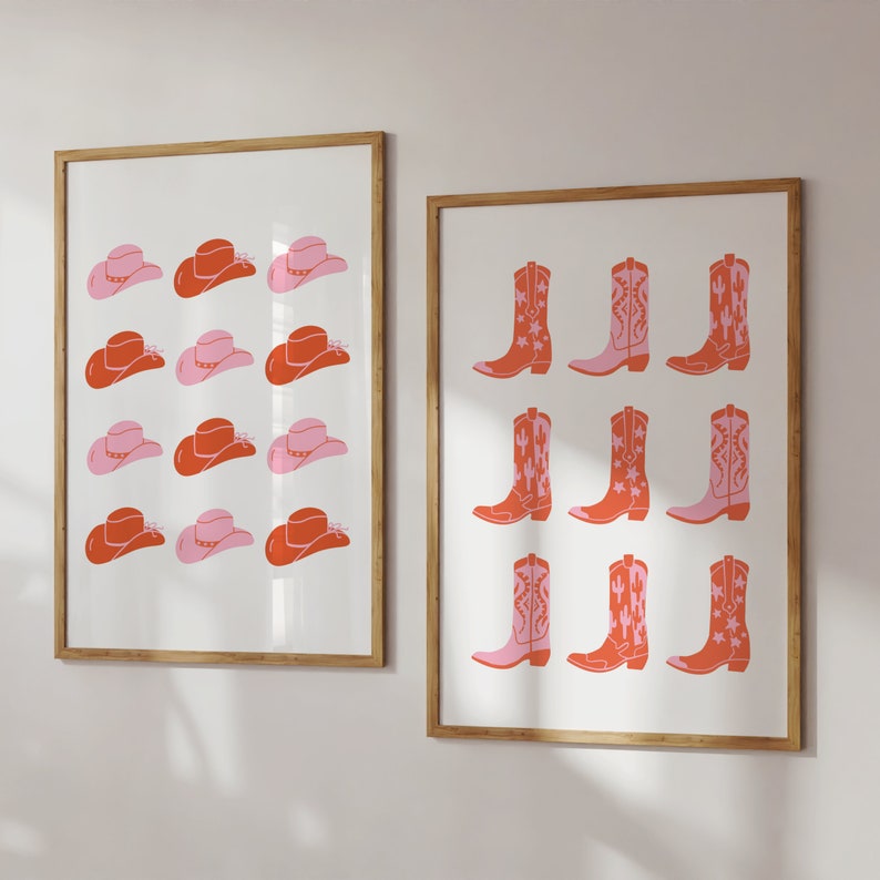 Cartel occidental rosa, impresión de botas vaqueras, arte de pared boho, occidental boho, impresión de vaquero rosa, impresión rosa y naranja, arte de pared de la galería, decoración boho imagen 2