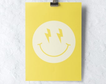 Yellow Smiley Face Lightning Bolt Smiley Face Retro Wall Etsy
