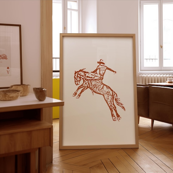 Retro Orange Bucking Bronco Art Print, Vintage Cowboy Print, Burnt Orange Western Print, Retro Cowboy Wall Art, Cowboy and Horse Poster