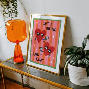 Retro martini-print, handgetekende muurkunst, martini-poster, retro cocktailprint, vintage hartjes, cheers kunst, digitale download, decor barwagen