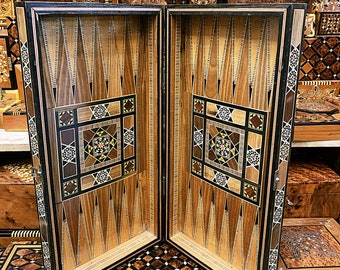 Set di scacchi antico Backgammon 2 in 1, scacchiera in legno fatta a mano in Marocco