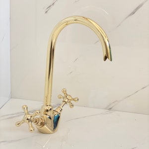 Unlacquered Brass Vanity Sink Faucet, Antique Brass Bathroom Single Hole Faucet, handmade solid brass kitchen faucet