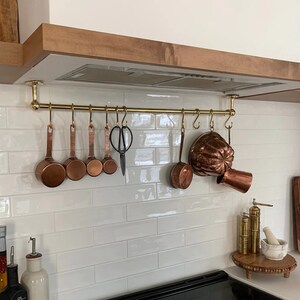 Unlacquered Brass Pot Rail with "S' hooks, Antique Style Unlacquered Brass Pot Rack Vintage Handmade Gold Brass Pot Rack Rustic Wall Mounted