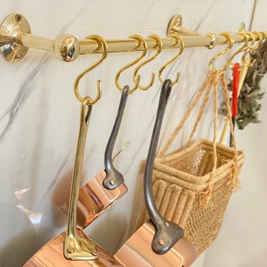 Unlacquered Brass Pot Rail with "S' hooks, Antique Style Unlacquered Brass Pot Rack Vintage Handmade Gold Brass Pot Rack Rustic Wall Mounted