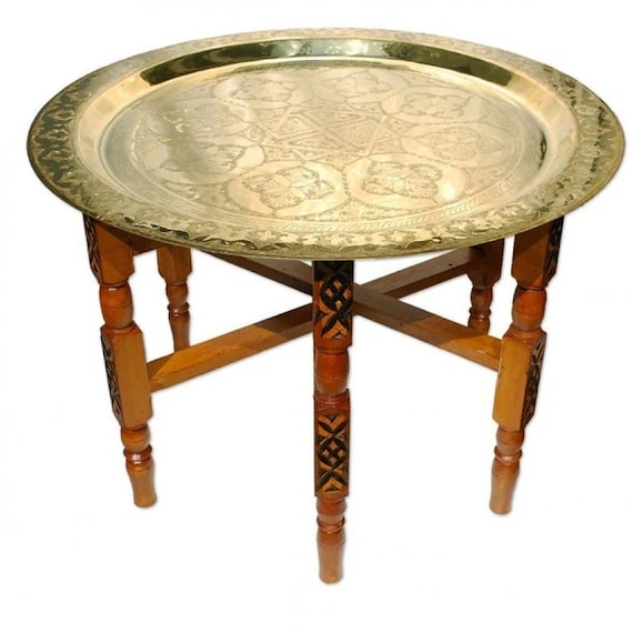 Handmade Moroccan 17" Round Brass Tray Tea Table with folding Wood Stand Thuya Wood Handcrafted, Vintage, Deco, Design, Home  & Living table