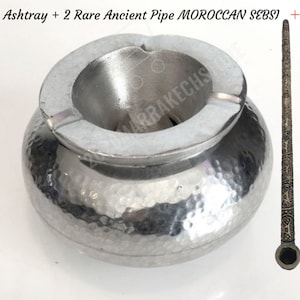 Set 2 OF Rare Ancient Pipe MOROCCAN SEBSI and ashtray hammered aluminum Gift Rare Ancient Pipe Moroccan Sebsi Tobacco Engraved Color Silver