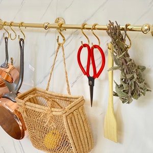 Unlacquered Brass Pot Rail with "S' hooks, Antique Style Unlacquered Brass Pot Rack Vintage Handmade Gold Brass Pot Rack Rustic Wall Mounted