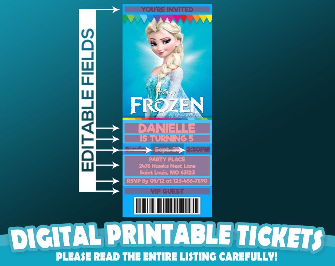 Frozen Ticket Invitation, Frozen Birthday Invite, Frozen Digital