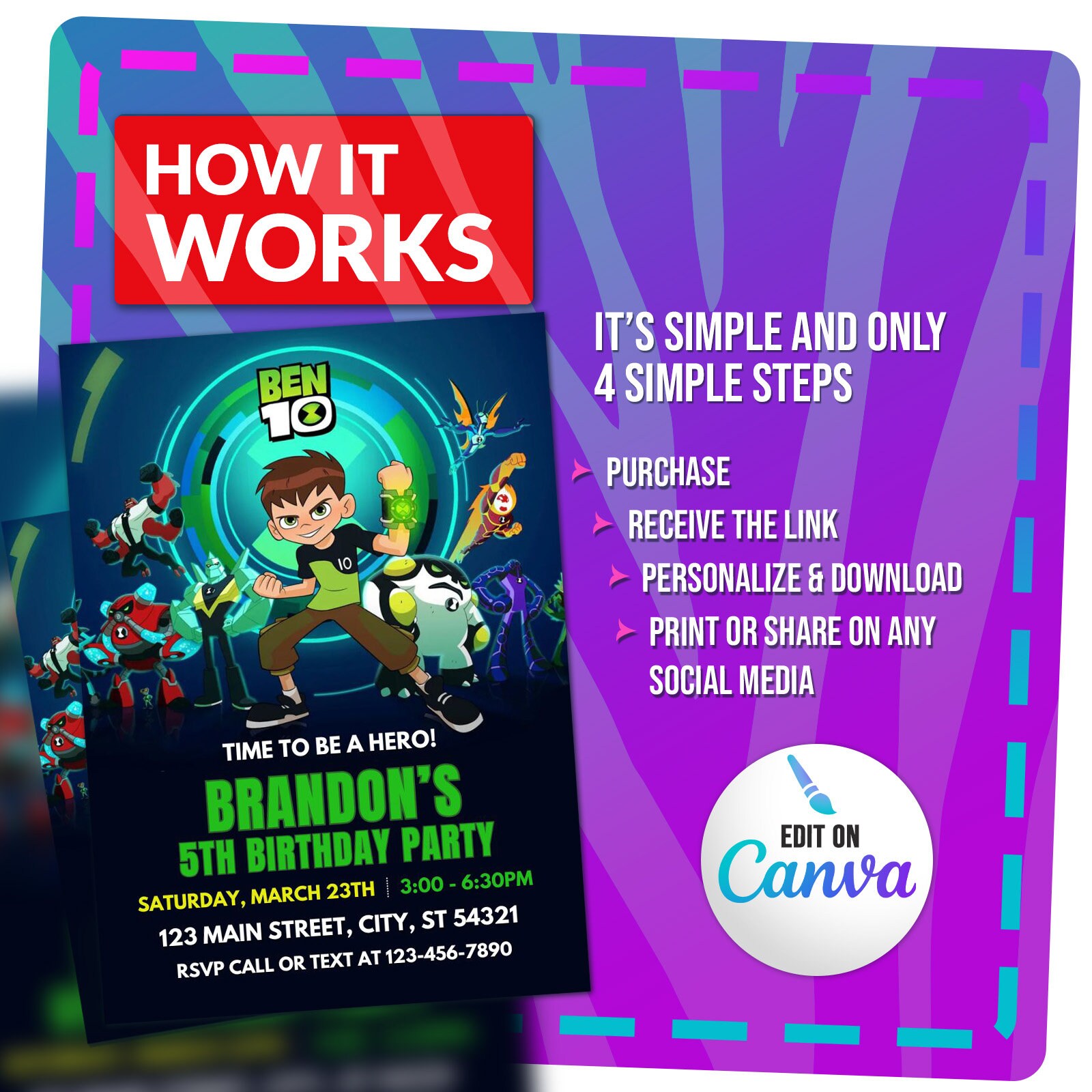 Ben 10 Invitation, Printable Birthday Party Invitations, Ben 10 Invites ...