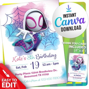 Gwen Birthday Invitation, Spider Gwen Printable Birthday Party Invitations, Spider Verse Digital Party Invite Template, Spider Ghost Card