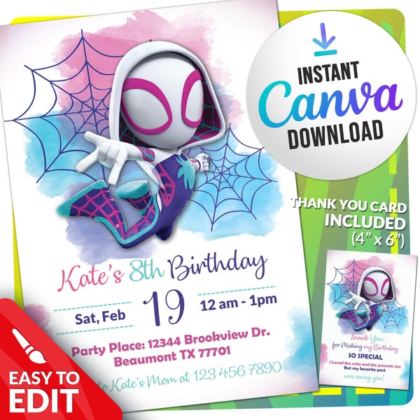 Invitación de Gwen, Tarjeta de cumpleaños de spider-verse Girl, Gwendolyne Stacy Entrada de cumpleaños personalizable en Canva