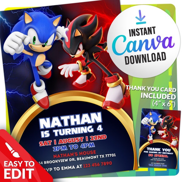 Super Sonic Invite, Super Sonic Shadow Birthday Invitation, Super Hedgehog Kids Digital Party Invite CanvaTemplate, Customizable Card
