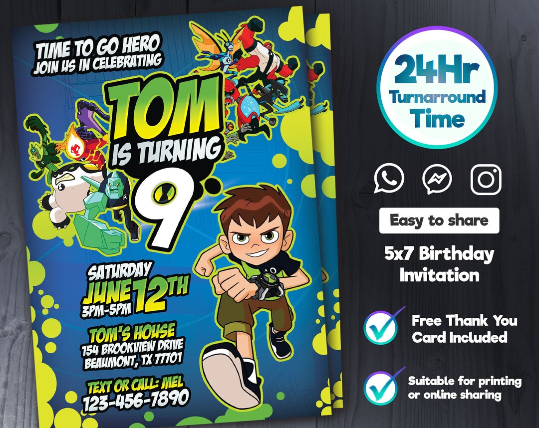 Ben 10 Birthday Invitation, Printable Birthday Party Invitations ...